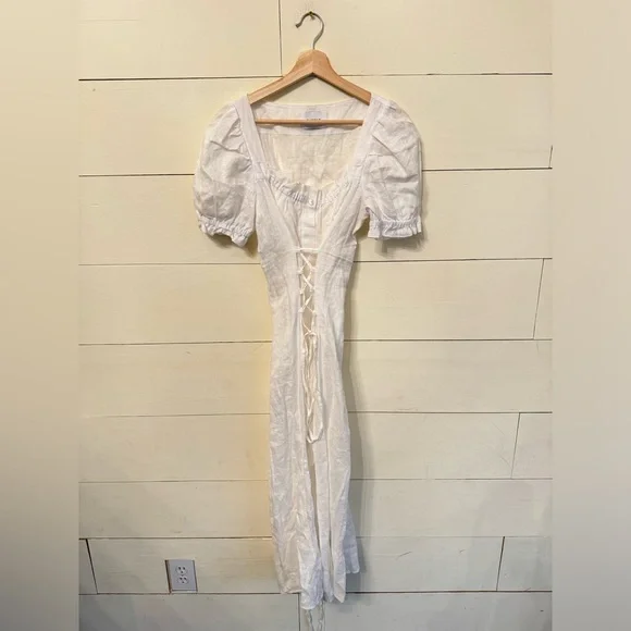 SLEEPER Marquise Linen Lace-Up Dress in white